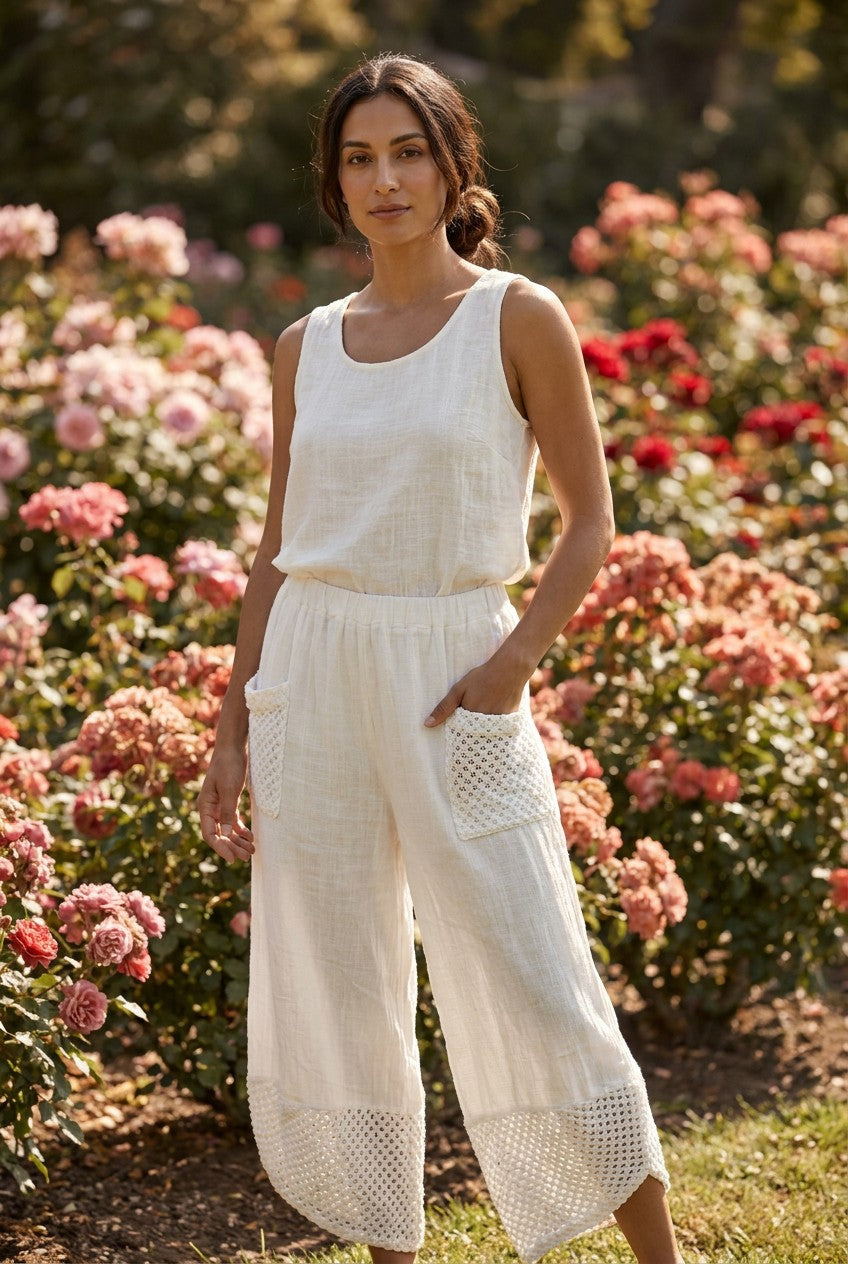 White Washed Linen Mesh Pocket Wide-Leg Trousers garden