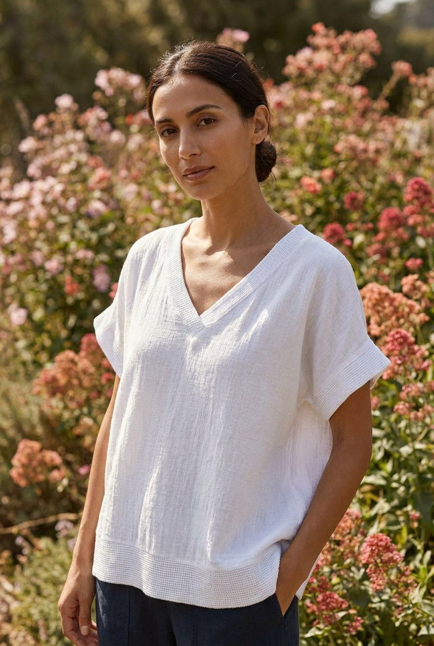 White Washed Linen V-Neck Mesh Edged Top garden
