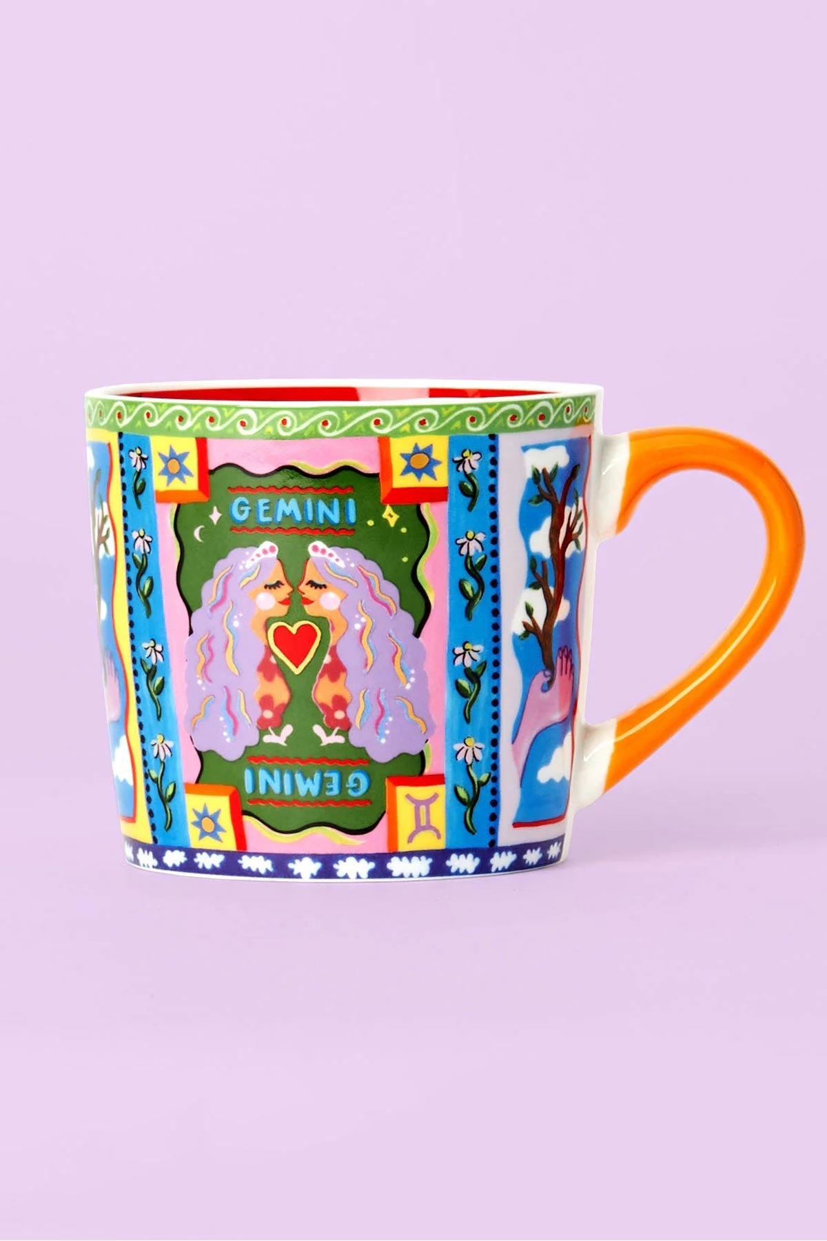 Gemini zodiac hand-painted bone china mug with vibrant orange handle and gold foil detail — Urban Wild