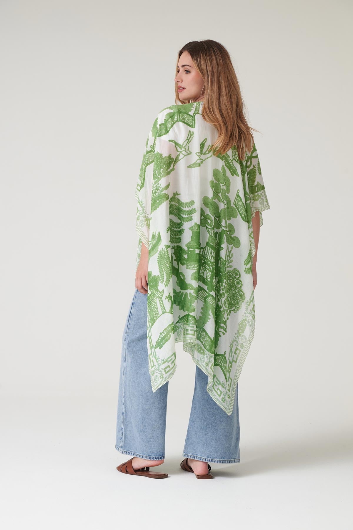 One Hundred Stars Giant Willow green throwover open front detail and print close-up — Urban Wild