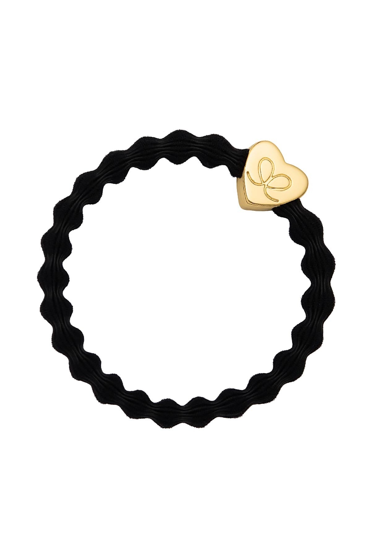 Black bubble bangle band with gold heart charm, worn as hair tie or bracelet — Urban Wild