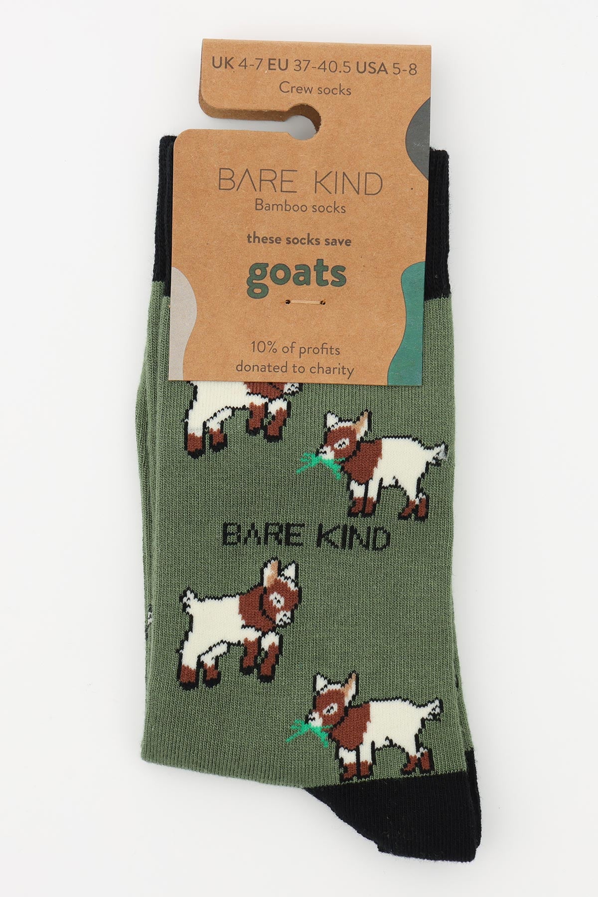 Sage green bamboo crew socks with goat print by Bare Kind in plastic-free packaging — Urban Wild