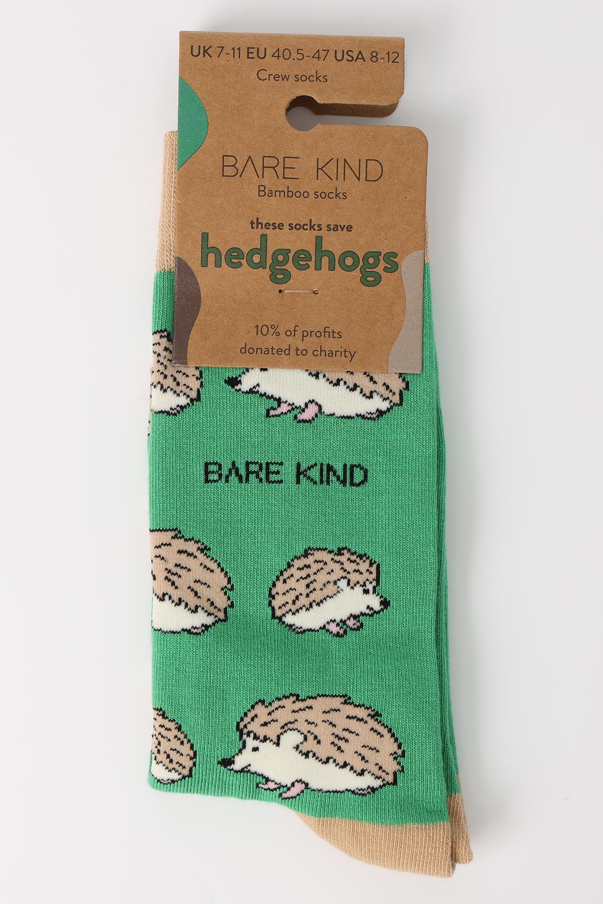 Green bamboo hedgehog crew socks by Bare Kind in plastic-free card packaging — Urban Wild
