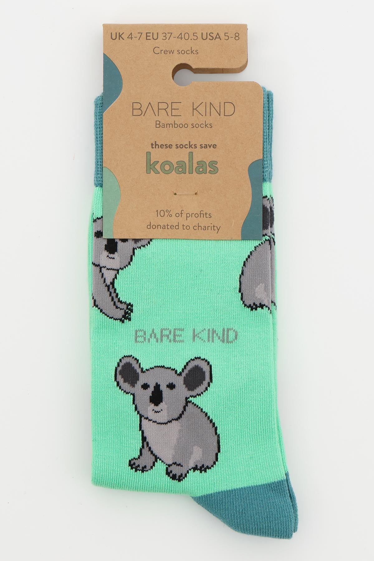 Mint green bamboo crew socks with grey koalas in Bare Kind packaging — Urban Wild