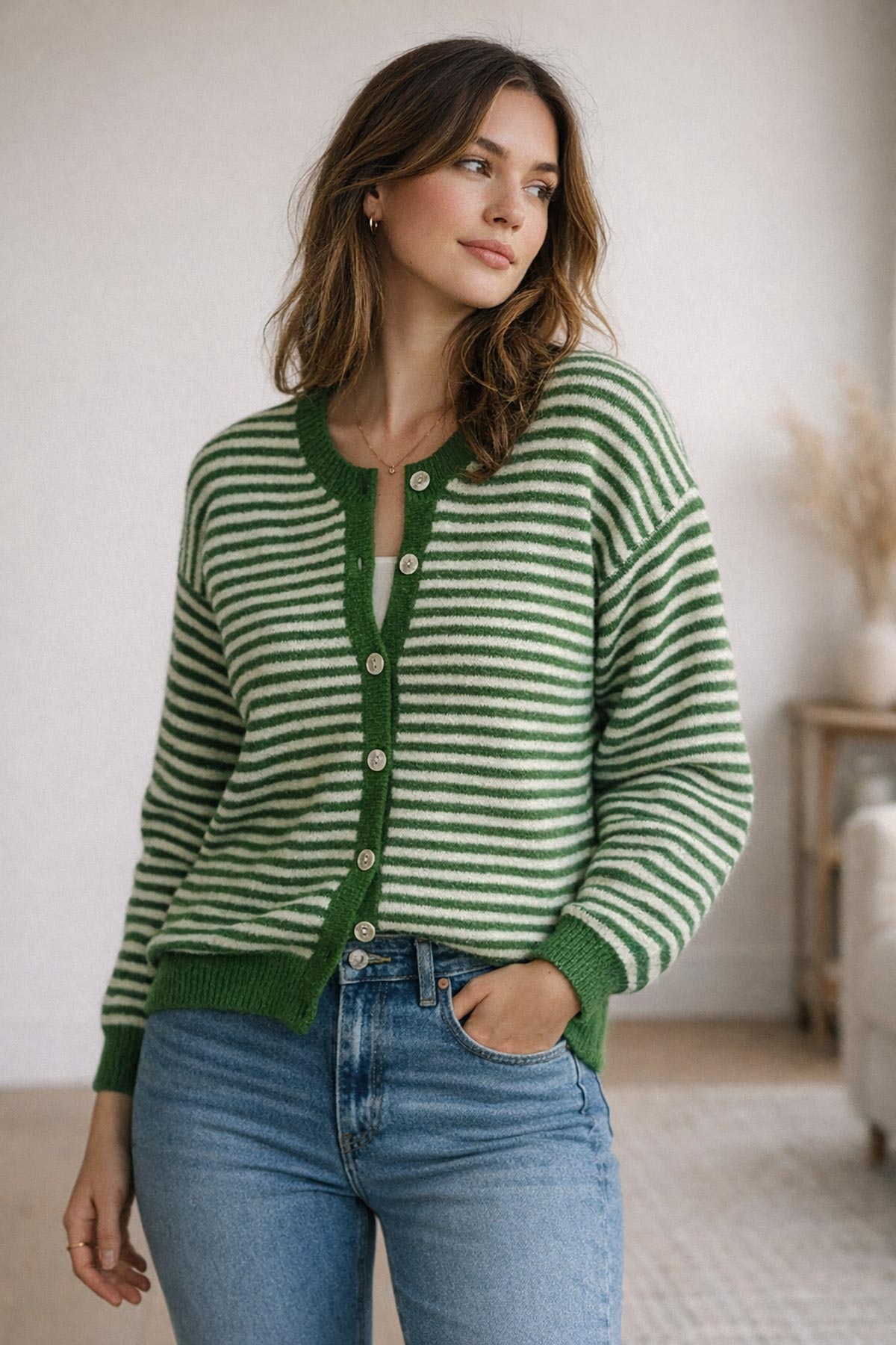 Green and white striped knit cardigan by Urban Wild available at Urban Wild UK