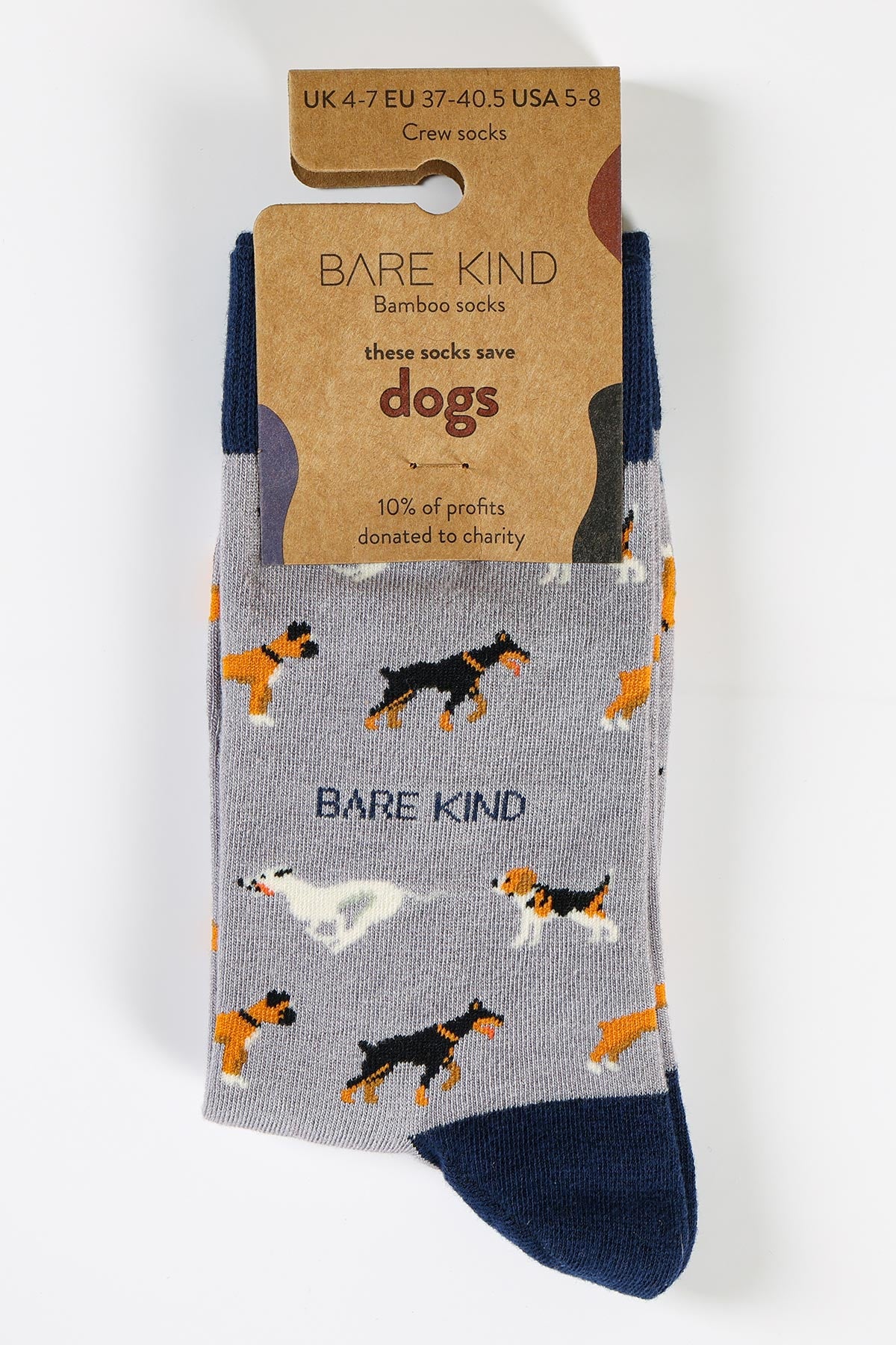 Grey Bare Kind bamboo dog socks in plastic-free kraft packaging, UK 4-7 crew socks — Urban Wild