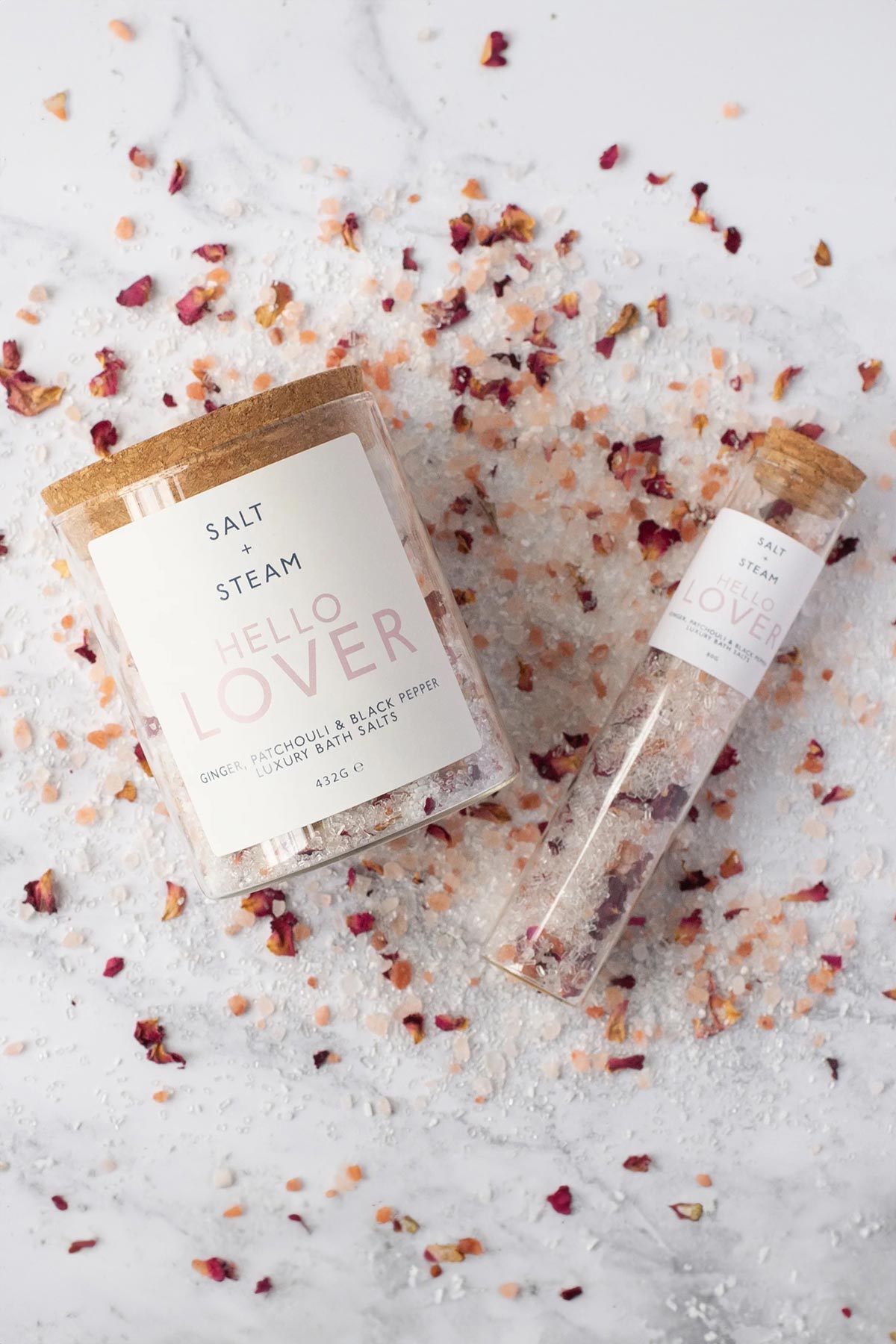 Hello Lover bath salts jar and bath shot with pink Himalayan salt and rose petals — Urban Wild