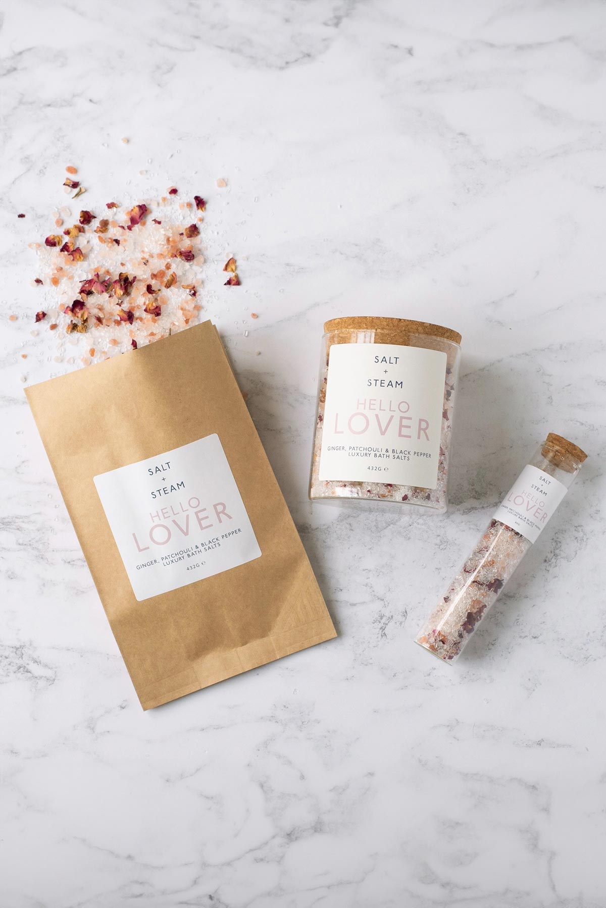 Hello Lover ginger and patchouli luxury bath salts jar, refill bag and shot by Salt + Steam — Urban Wild