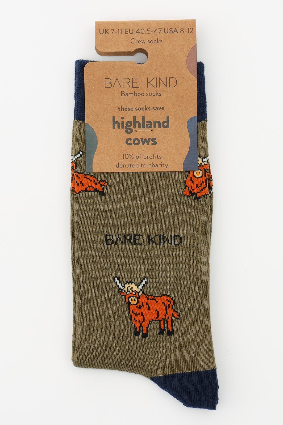 Khaki green bamboo crew socks with orange Highland cow print and navy cuff by Bare Kind — Urban Wild