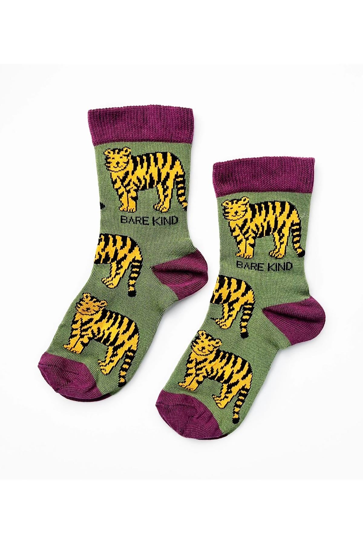 Pair of green bamboo kids socks with yellow tiger print and berry cuffs and heels — Urban Wild