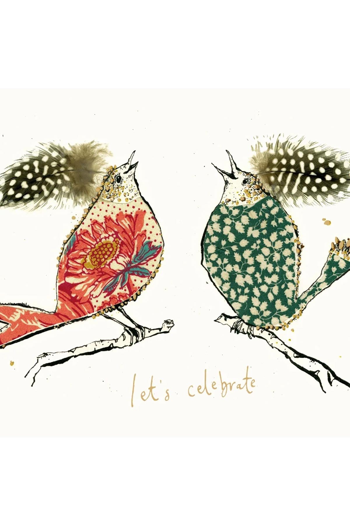 Let's Celebrate Birds gold foil illustrated greeting card with two singing birds by Anna Wright — Urban Wild
