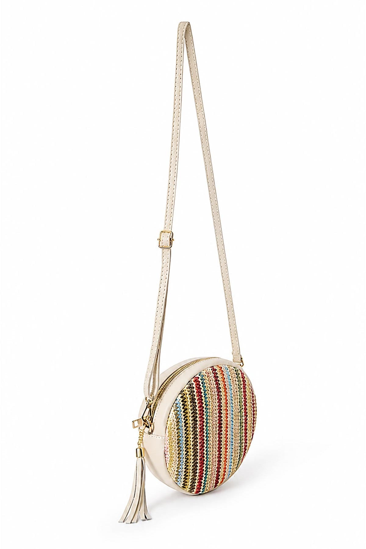 Italian Leather and Raffia Round Crossbody Bag in Light Taupe — Urban Wild