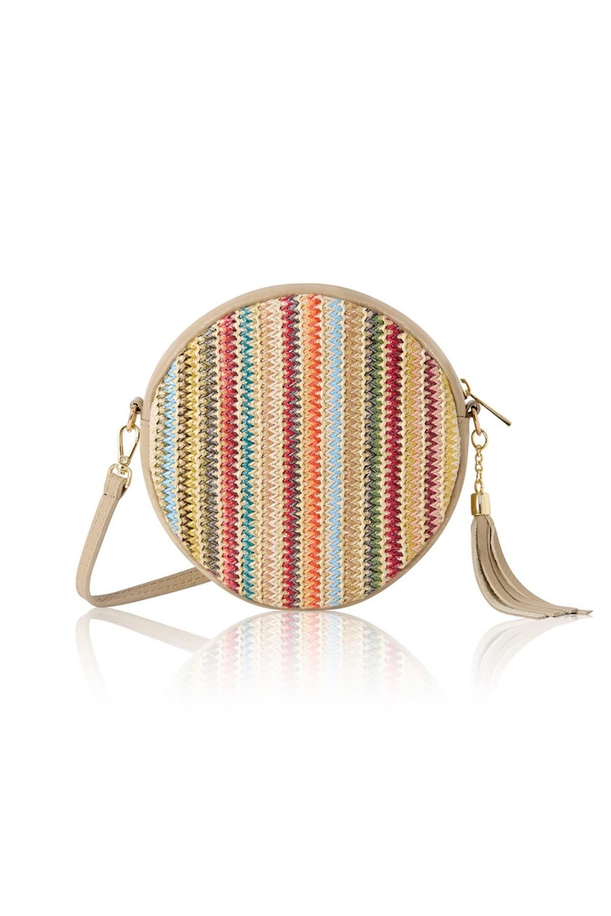 Light taupe Italian leather and raffia round crossbody bag with gold hardware — Urban Wild