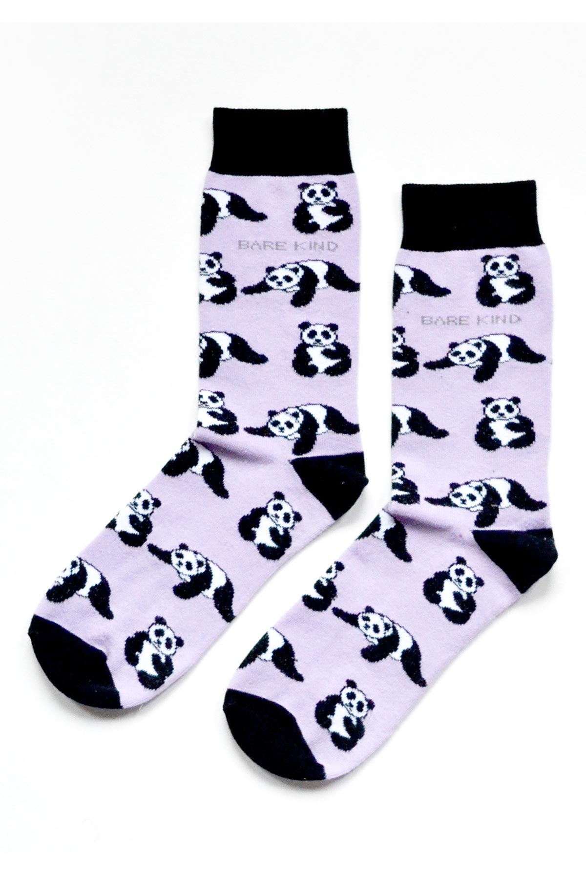 Pair of lilac bamboo crew socks with all-over panda design and black cuffs — Urban Wild