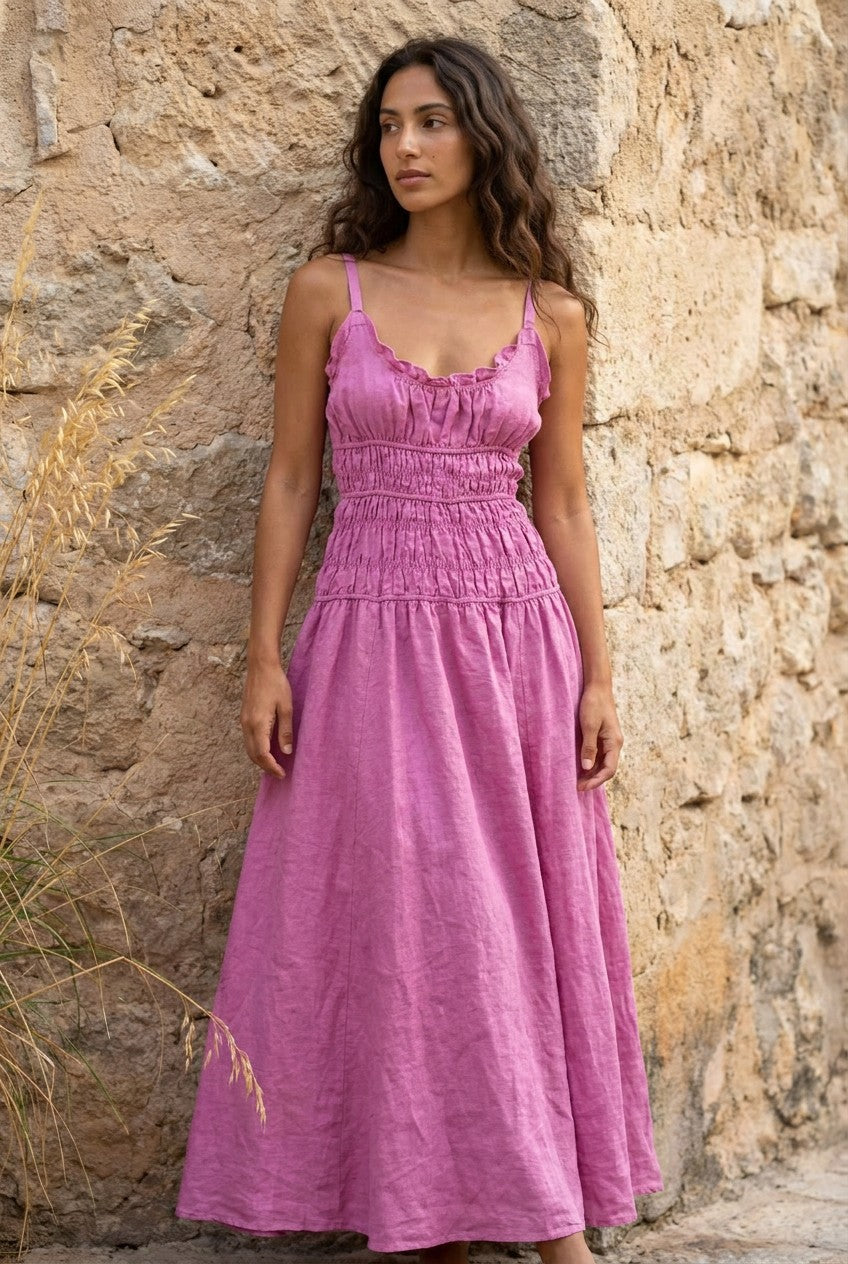 Berry Pink Heavy Linen Smocked Maxi Dress styled