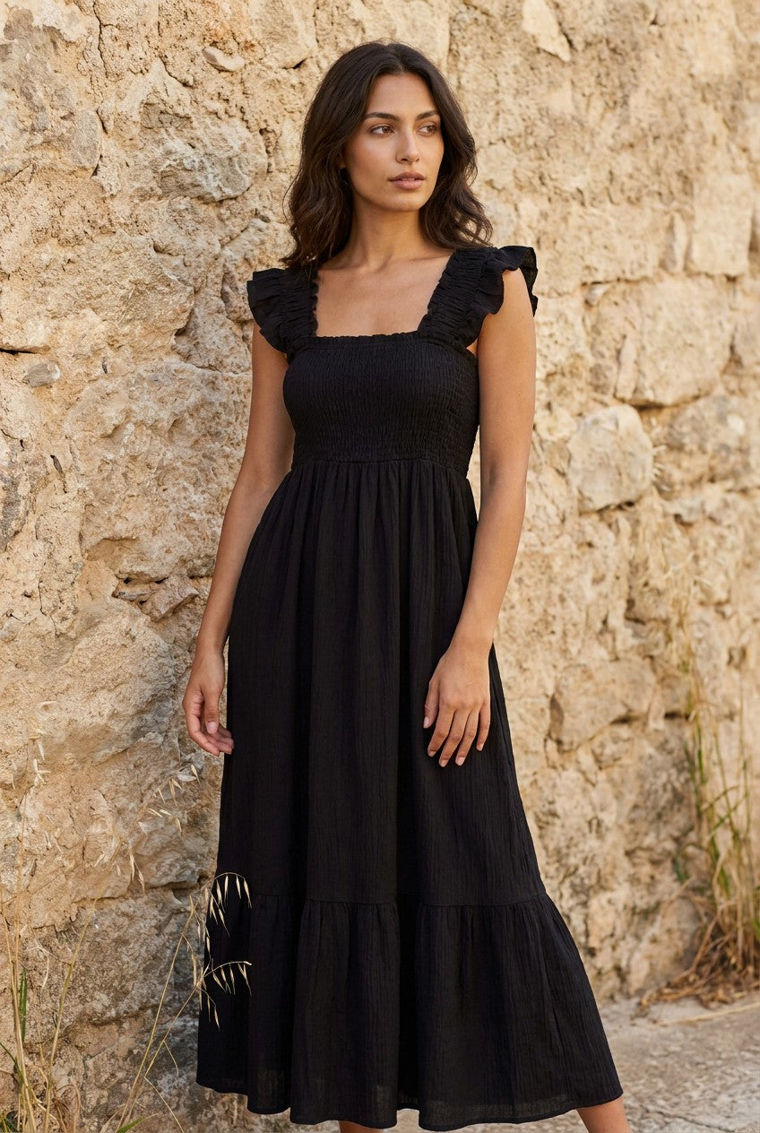 Black Crinkle Frill Strap Tiered Maxi Dress styled