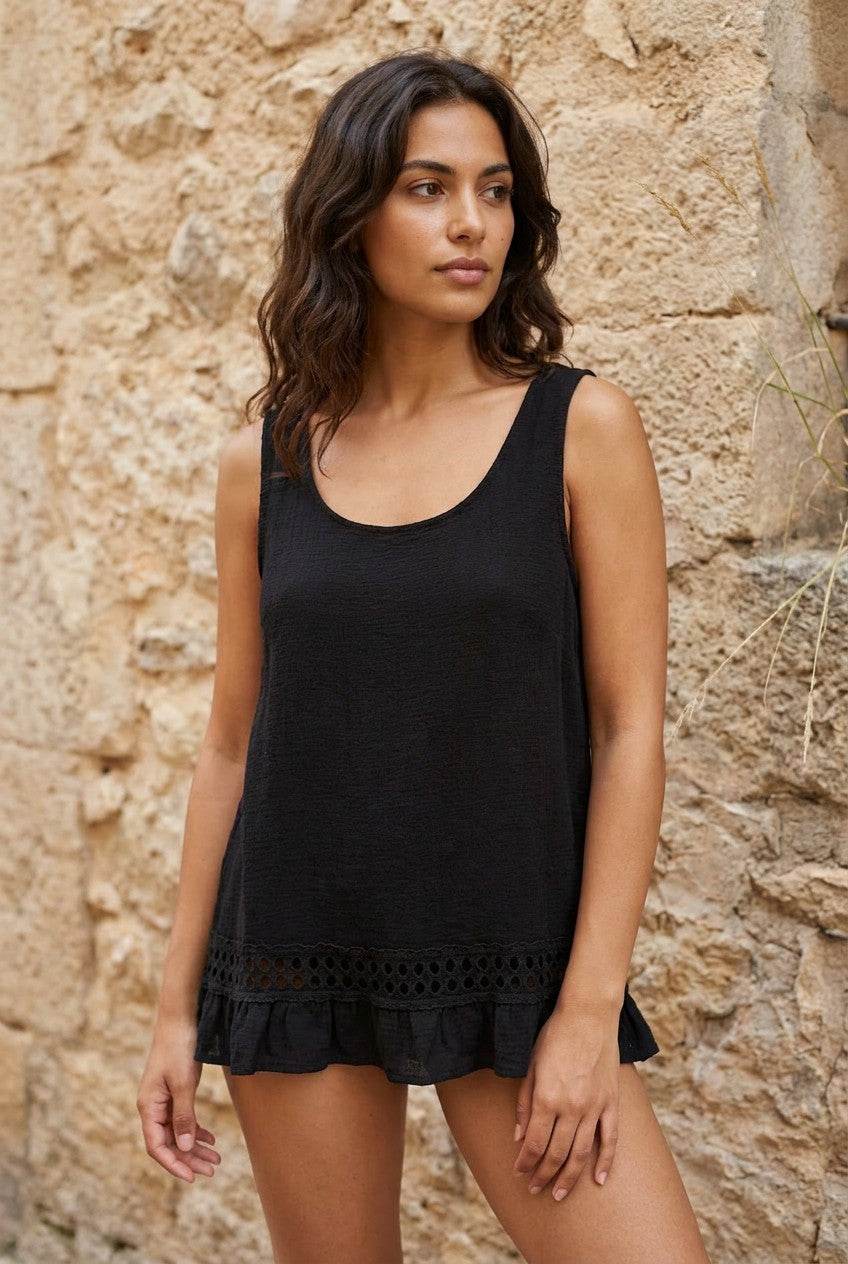 Black Linen Cotton Lace Trim Vest Top styled
