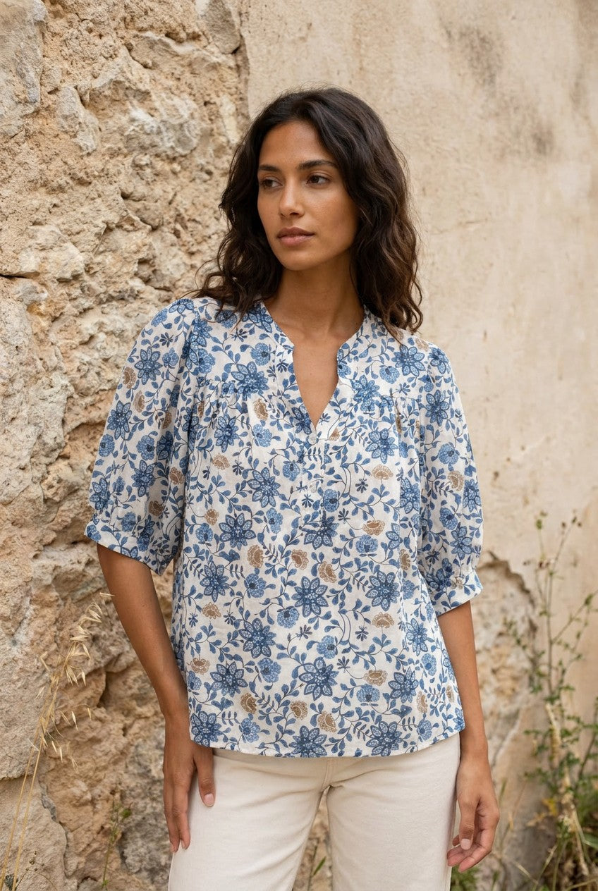 Blue Botanical Print Cotton Blouse — Urban Wild