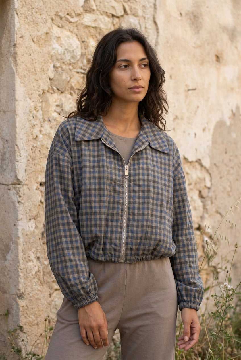 Blue and Brown Gingham Cotton Cropped Bomber Jacket — Urban Wild