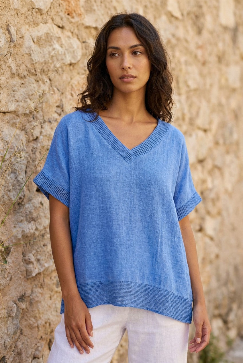 Cornflower Blue Washed Linen V-Neck Mesh Trim Top styled