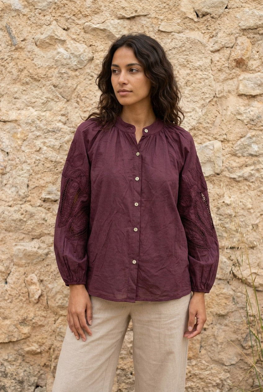 Burgundy Embroidered Cotton Balloon Sleeve Blouse — Urban Wild