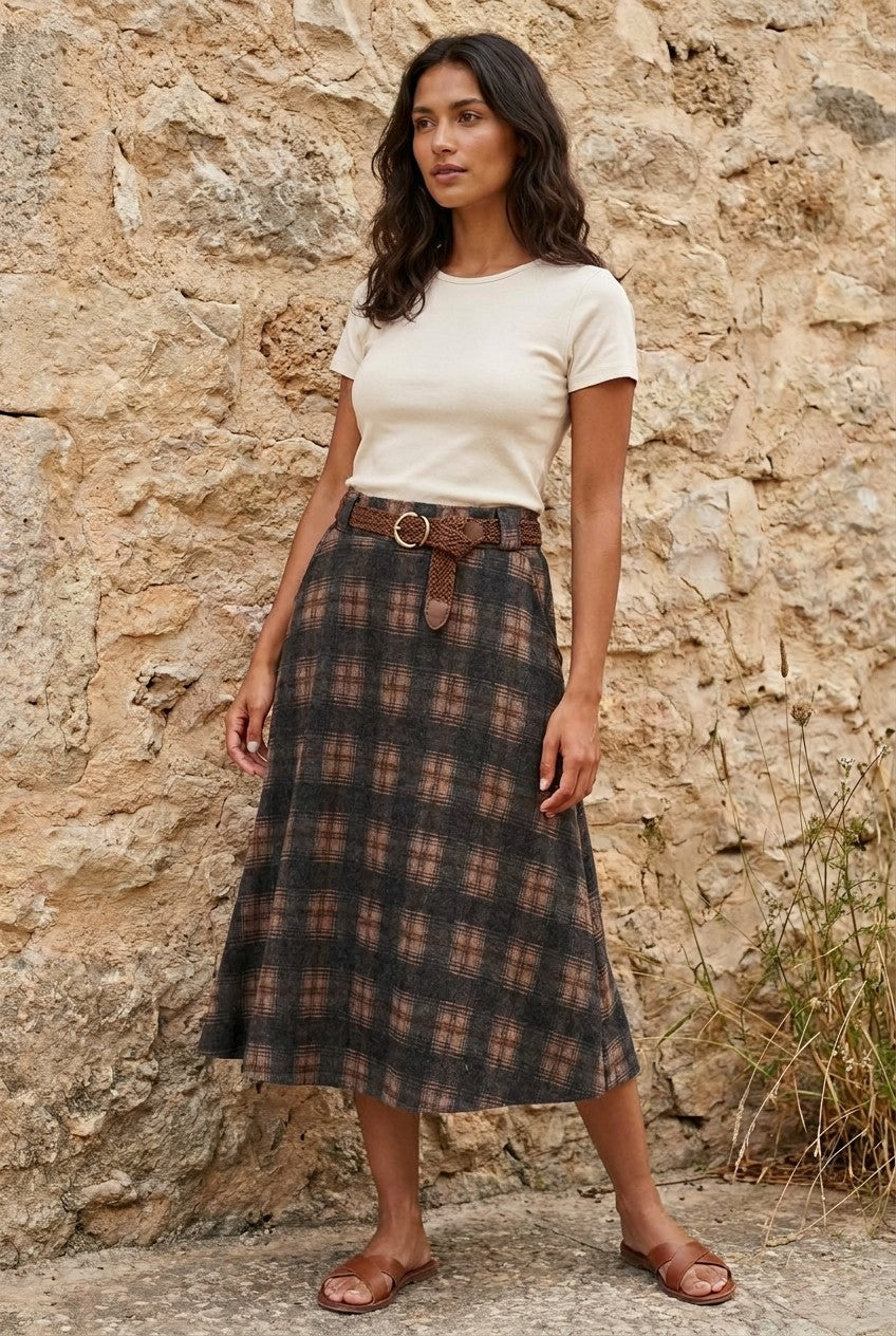 Charcoal Checked Belted Midi Skirt — Urban Wild