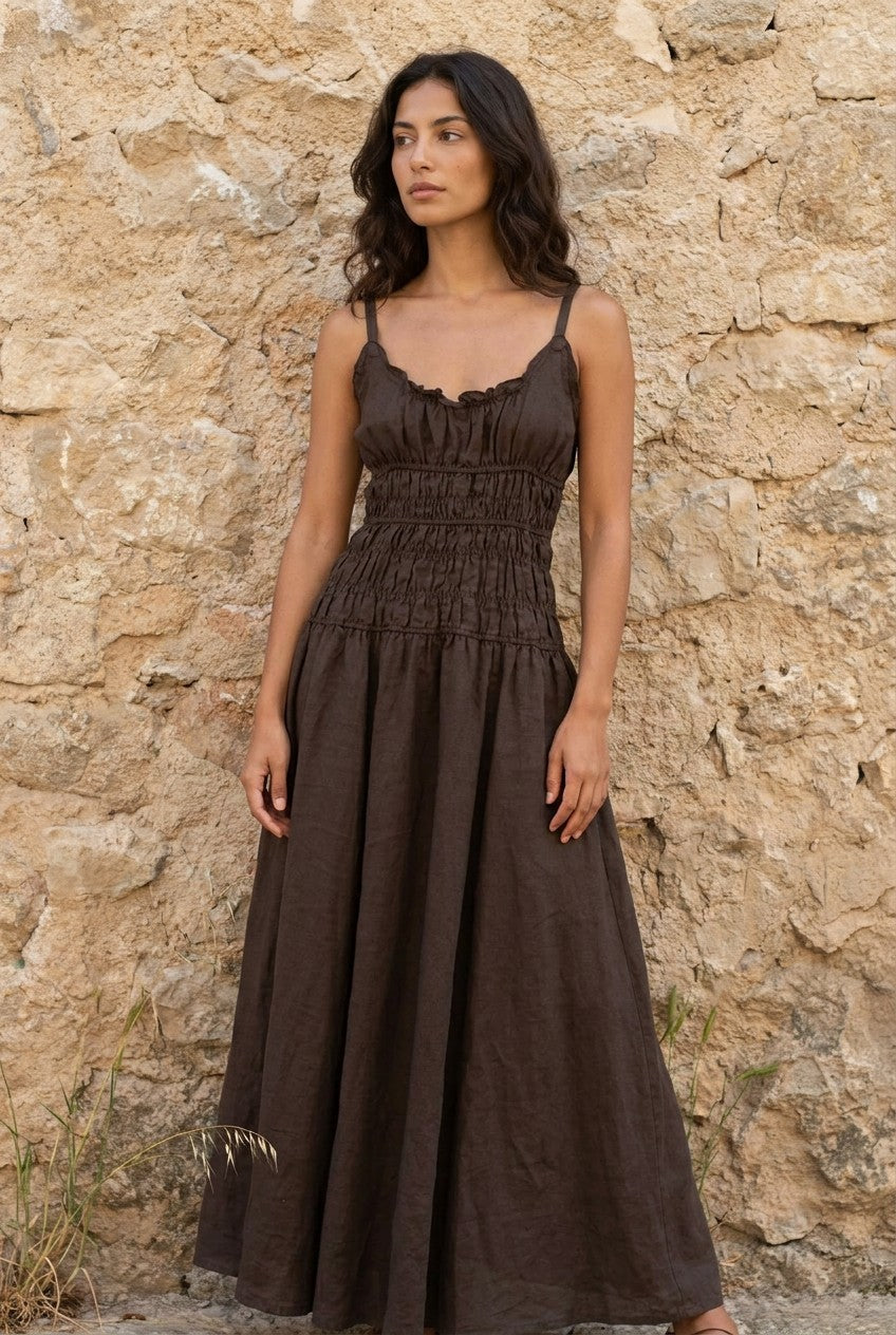 Coffee Brown Heavy Linen Smocked Maxi Dress styled