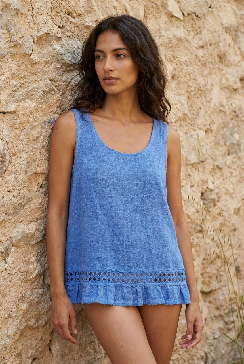 Cornflower Blue Linen Cotton Lace Trim Vest Top styled