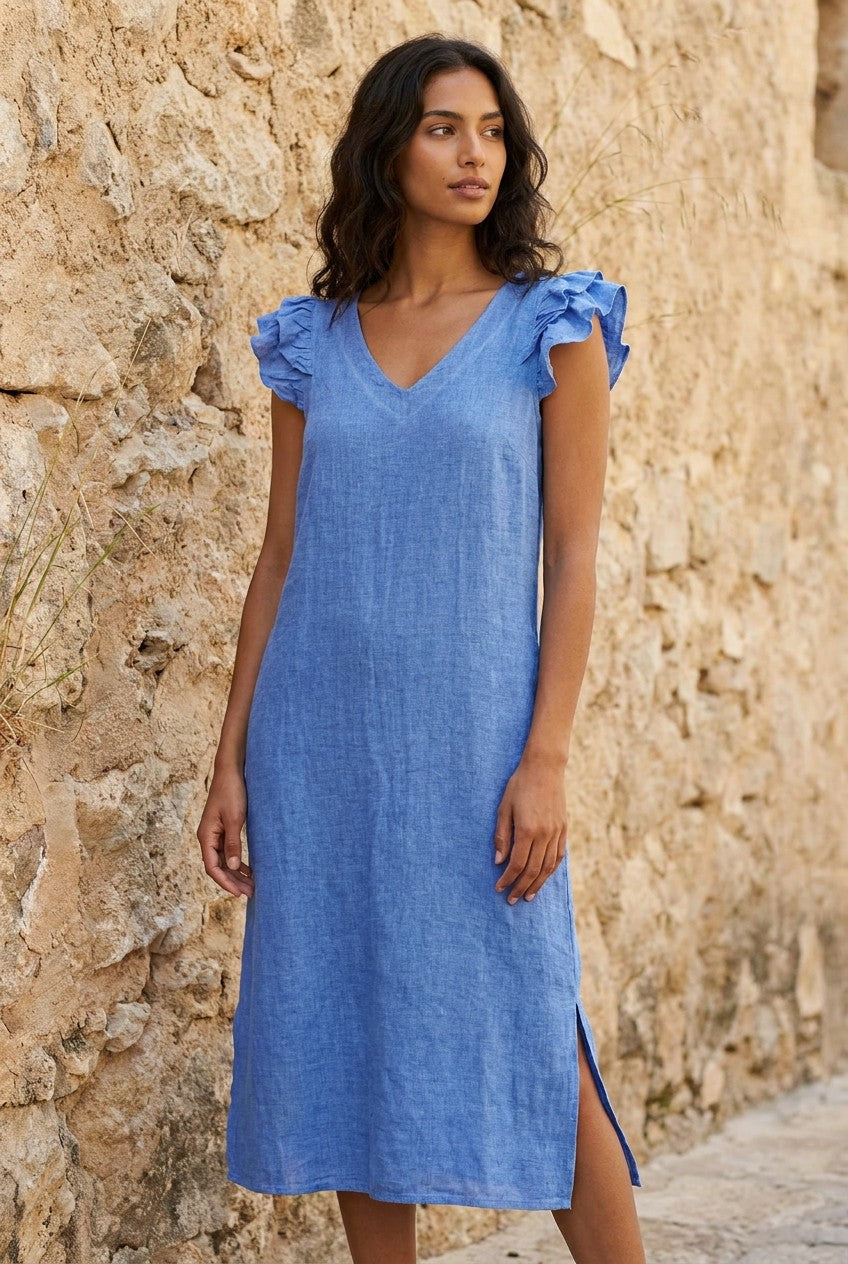 Cornflower Blue Washed Linen Frill Midi Dress