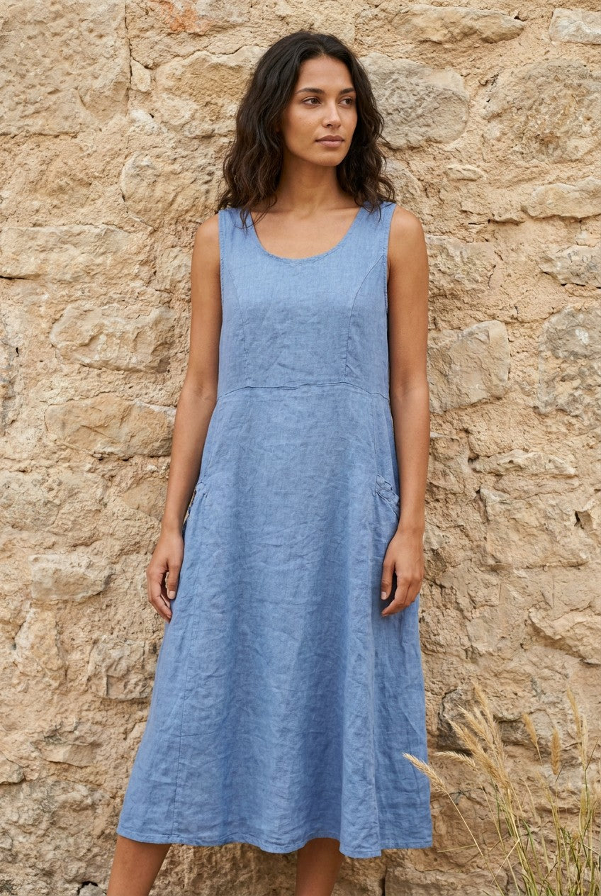 Denim Blue Linen Midi Dress with Pockets — Urban Wild