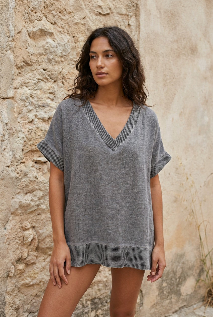 Grey Washed Linen V-Neck Mesh Trim Top styled
