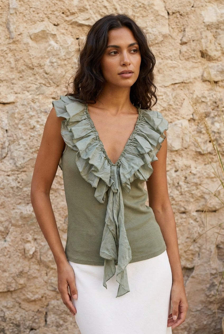 Khaki Ribbed Cotton Top with Silk Ruffle Trim — Urban Wild