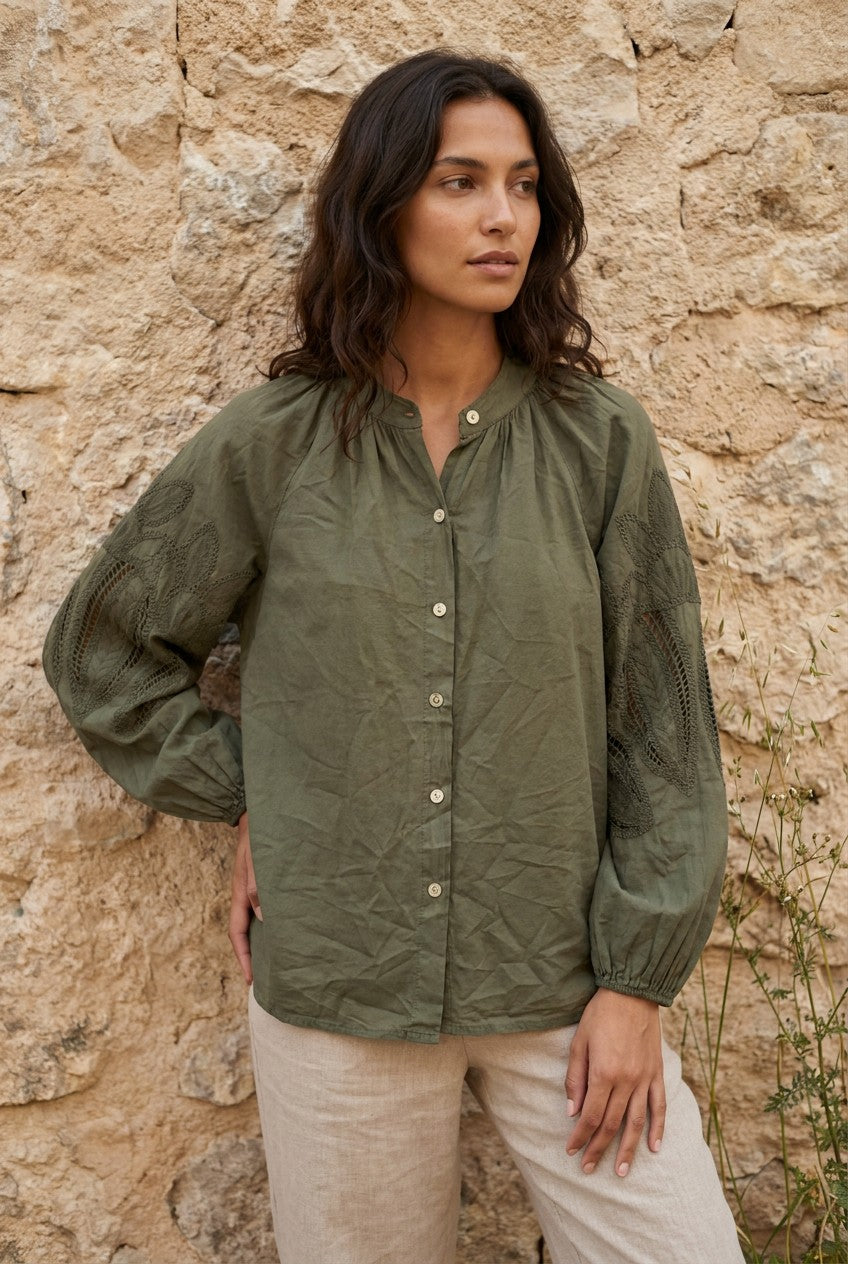 Khaki Embroidered Cotton Balloon Sleeve Blouse — Urban Wild