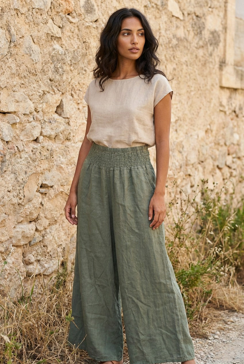 Khaki Green Linen Palazzo Trousers With Shirred Waist — Urban Wild