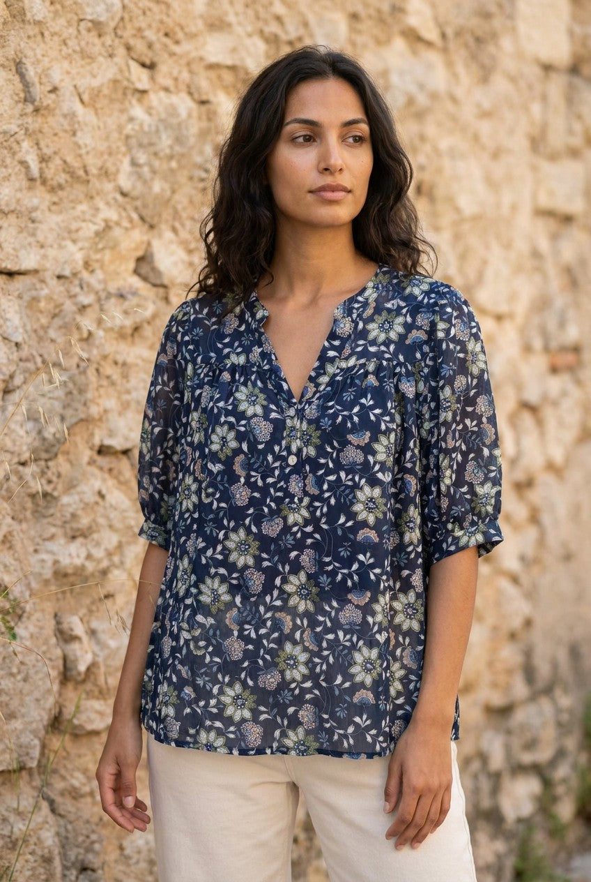 Navy Botanical Print Cotton Blouse — Urban Wild