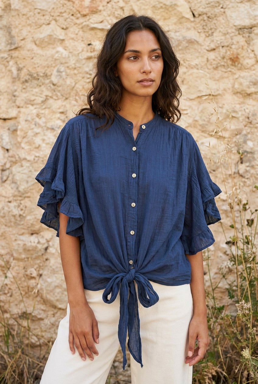 Navy Cotton Ruffle Sleeve Tie-Front Blouse — Urban Wild