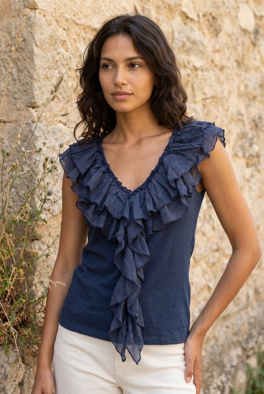 Navy Ribbed Cotton Top with Silk Ruffle Trim — Urban Wild