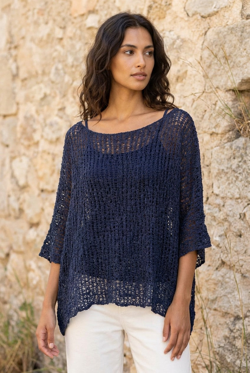 Navy Blue Open Weave Knit Poncho Top — Urban Wild