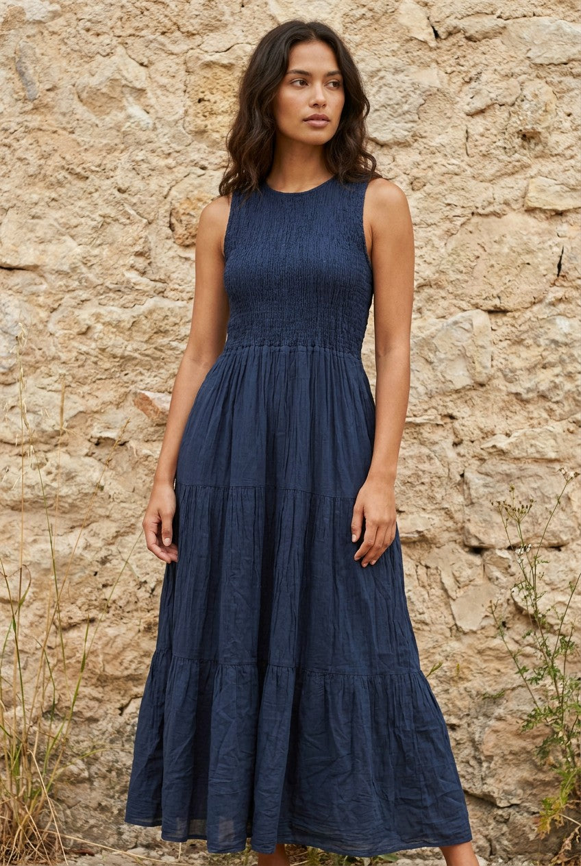 Navy Smocked Cotton Tiered Midi Dress — Urban Wild