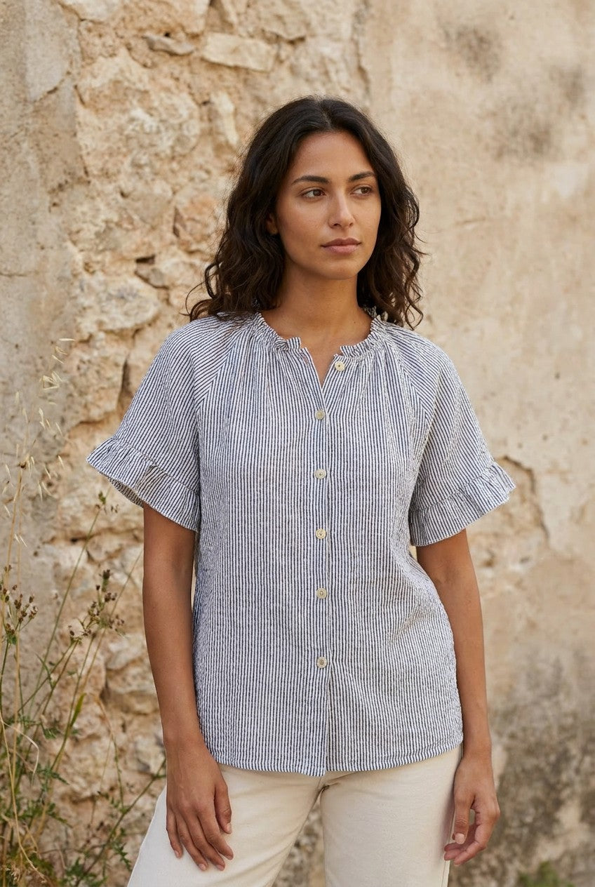 White Cotton Frill Sleeve Blouse - Navy Stripes — Urban Wild