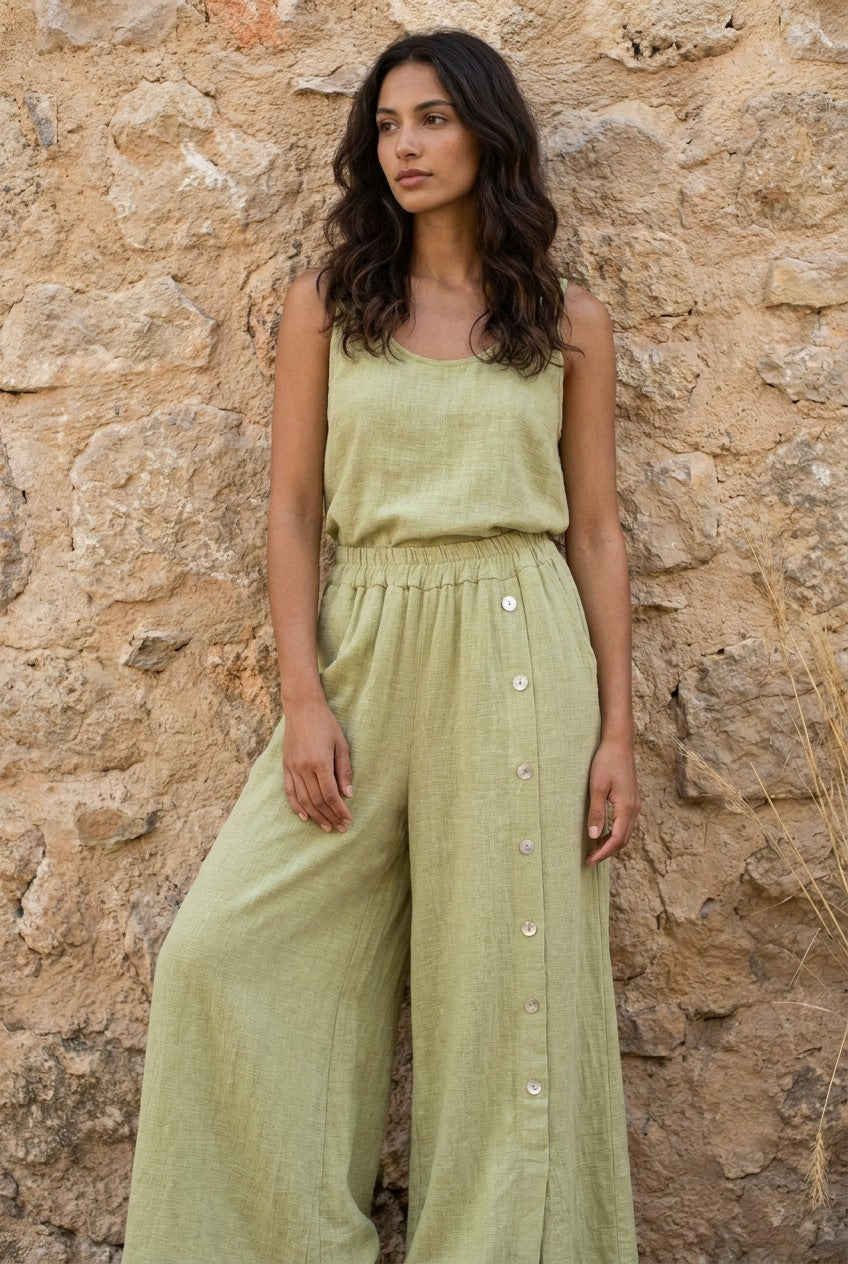 Olive Green Washed Linen Wide-Leg Side Button Palazzo Trousers styled