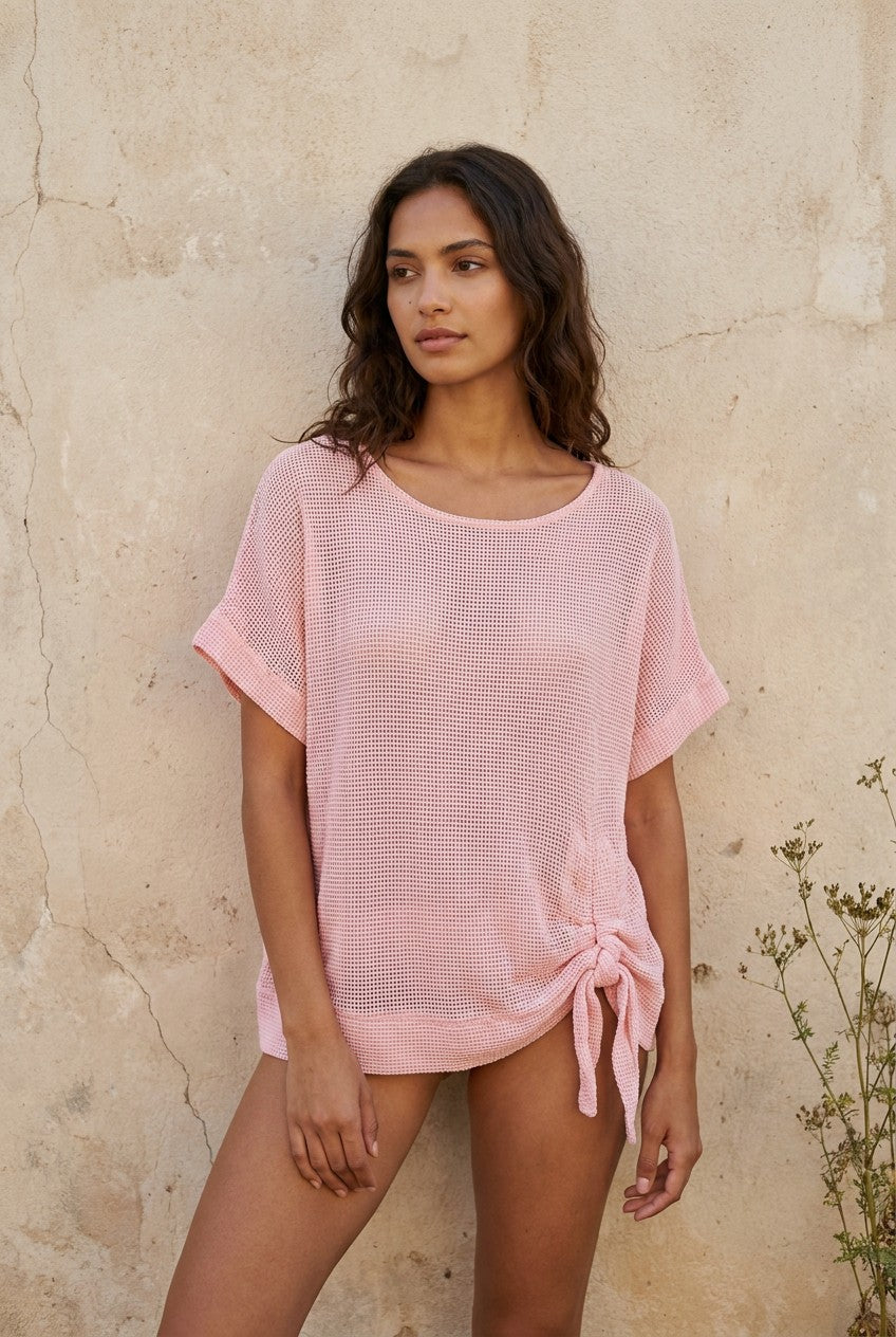Pink Washed Linen Mesh Ruched Top styled