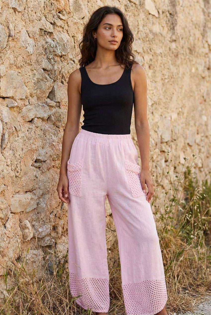 Pink Washed Linen Mesh Pocket Wide-Leg Trousers — Urban Wild