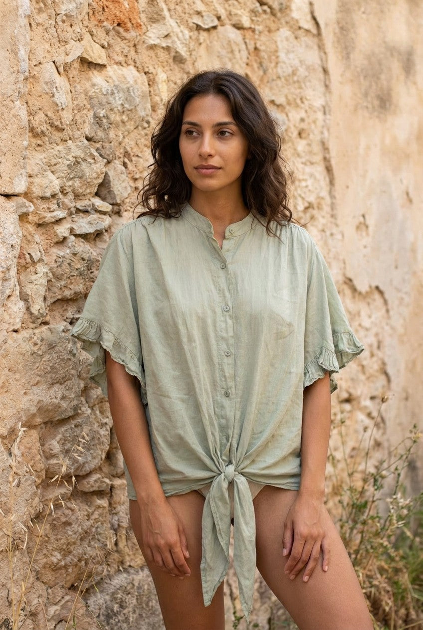 Sage Green Cotton Ruffle Sleeve Tie-Front Blouse — Urban Wild