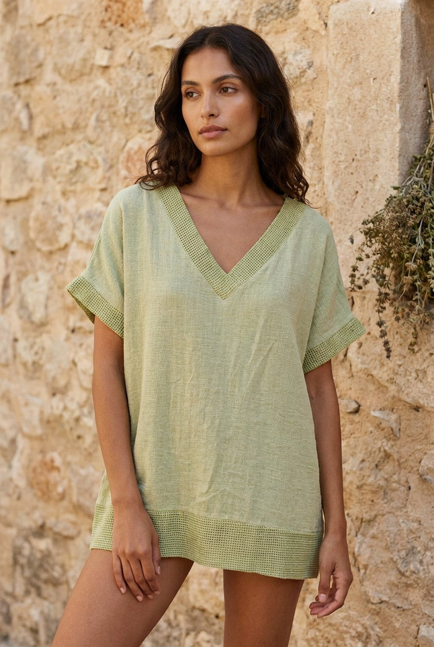 Sage Washed Linen V-Neck Mesh Edged Top styled