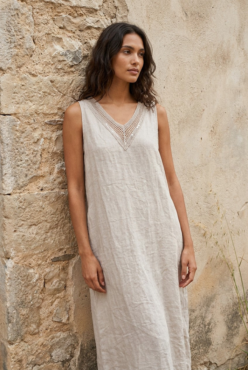 Stone Linen Sequin V-Neck Maxi Dress — Urban Wild