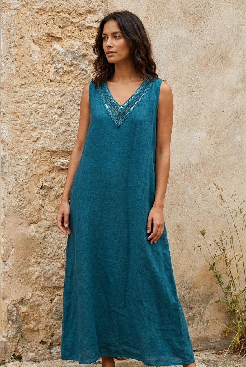 Teal Linen Sequin V-Neck Maxi Dress — Urban Wild