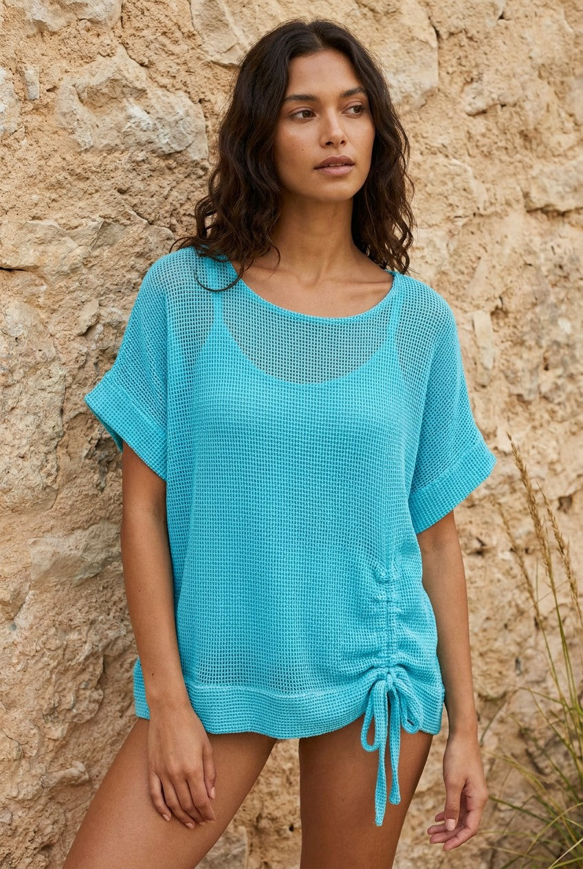 Turquoise Washed Linen Mesh Ruched Top — Urban Wild