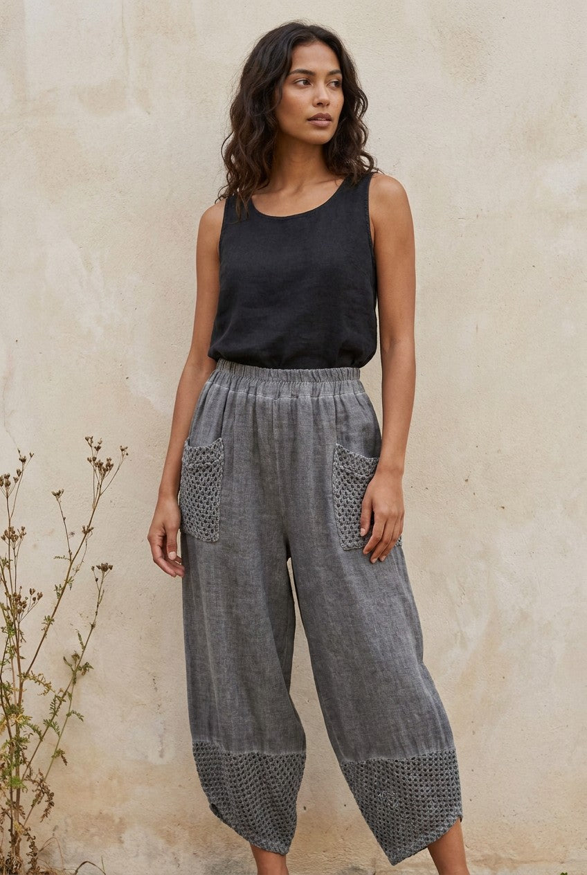 Grey Washed Linen Mesh Pocket Wide-Leg Trousers styled
