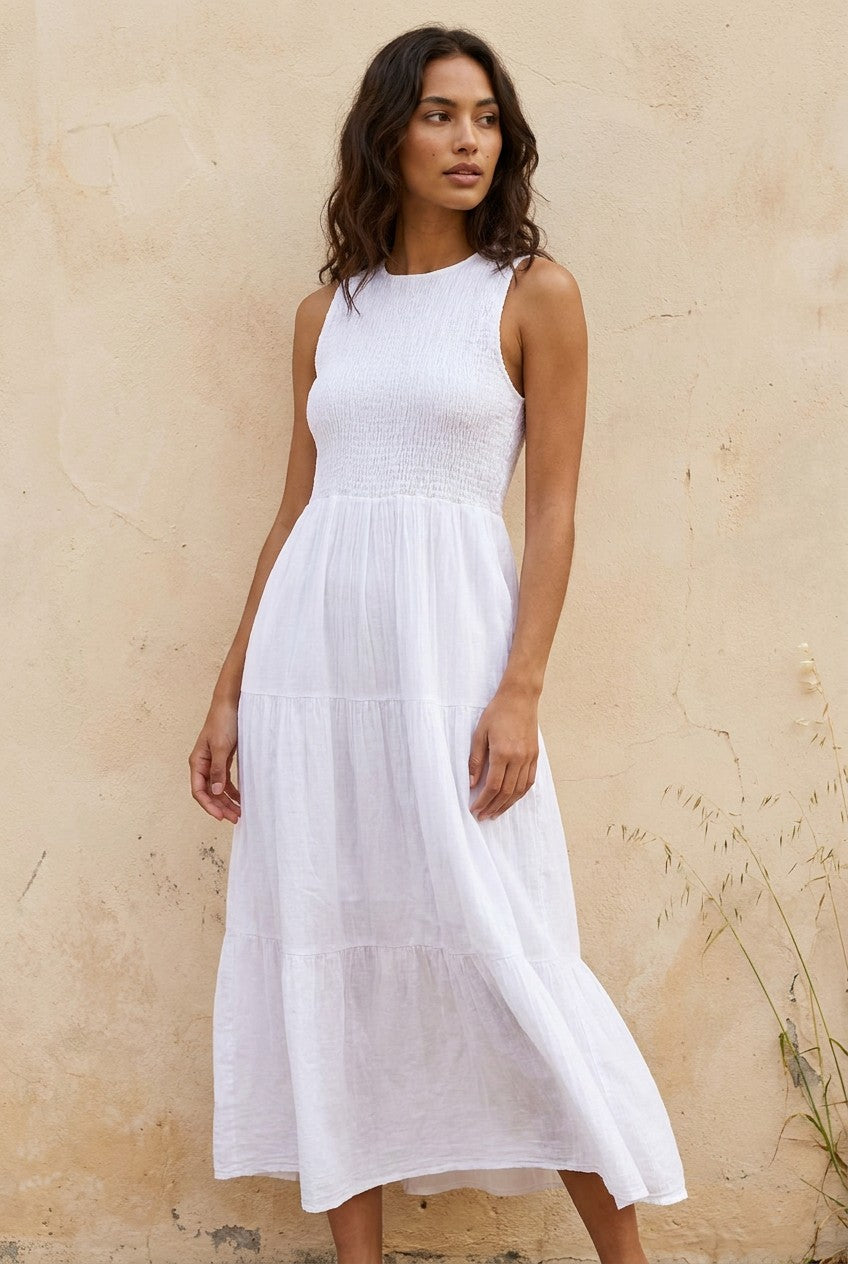 White Smocked Cotton Tiered Midi Dress — Urban Wild